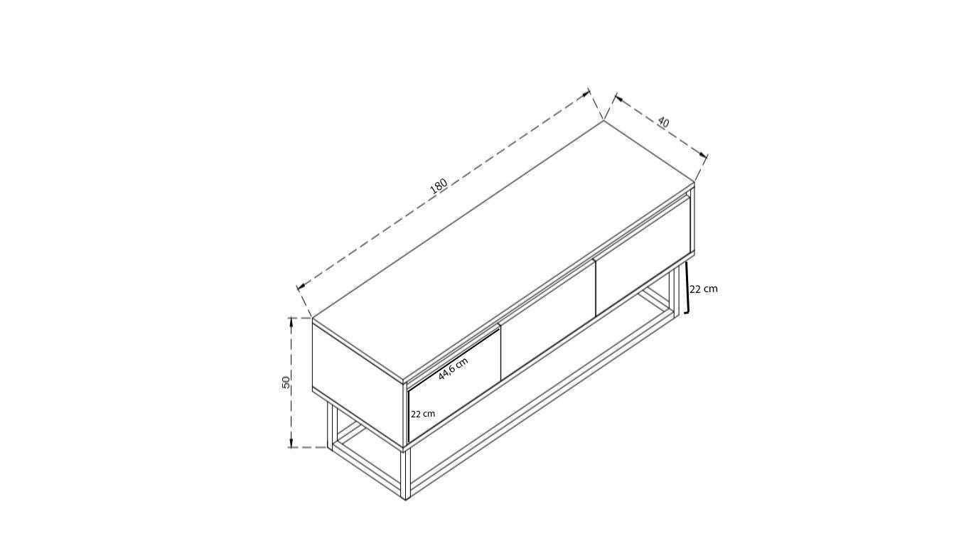 Meuble TV 3 tiroirs Buxida 180cm Bois Pin foncé et Métal Noir