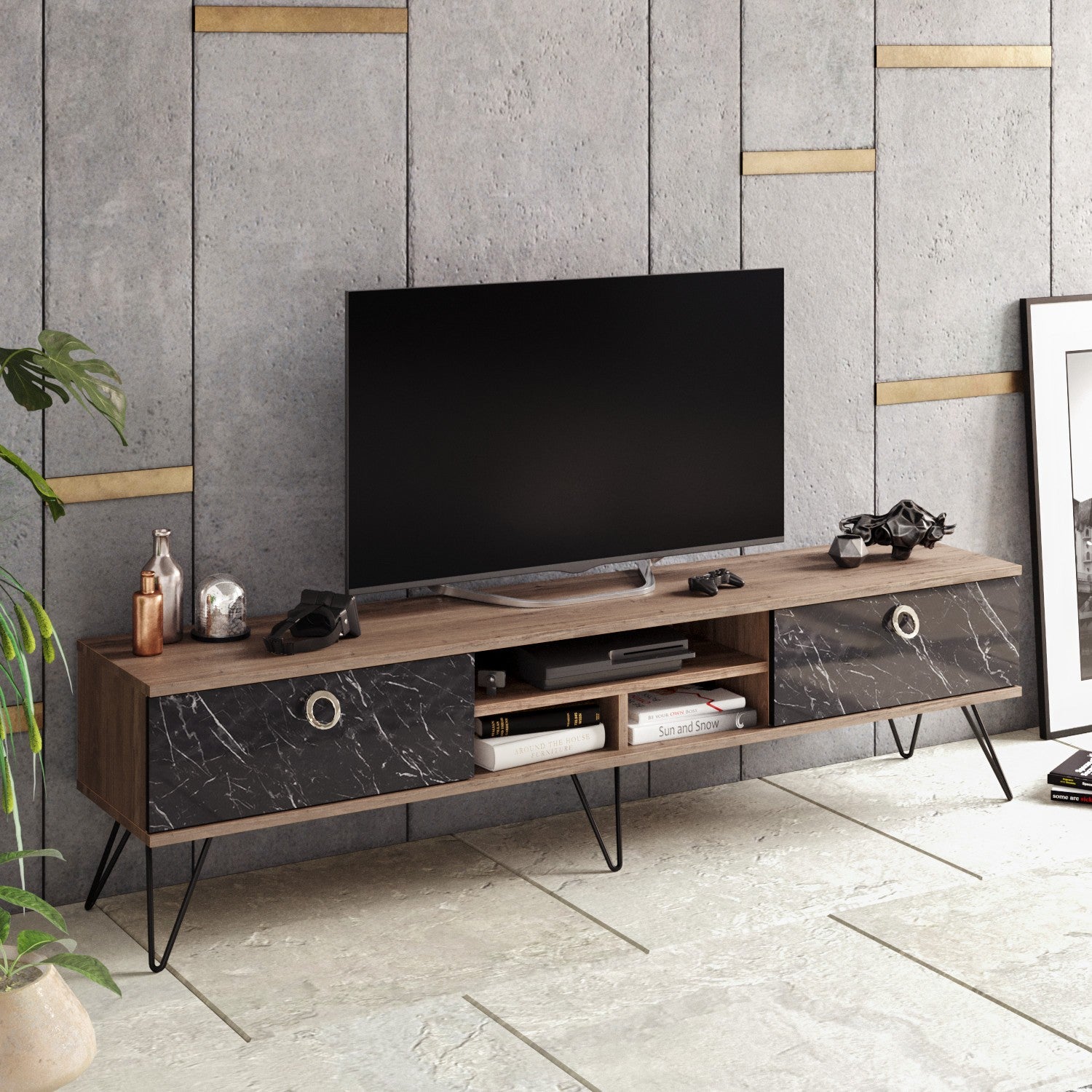 Meuble TV Ancon L180cm Bois foncé et Noir effet marbre