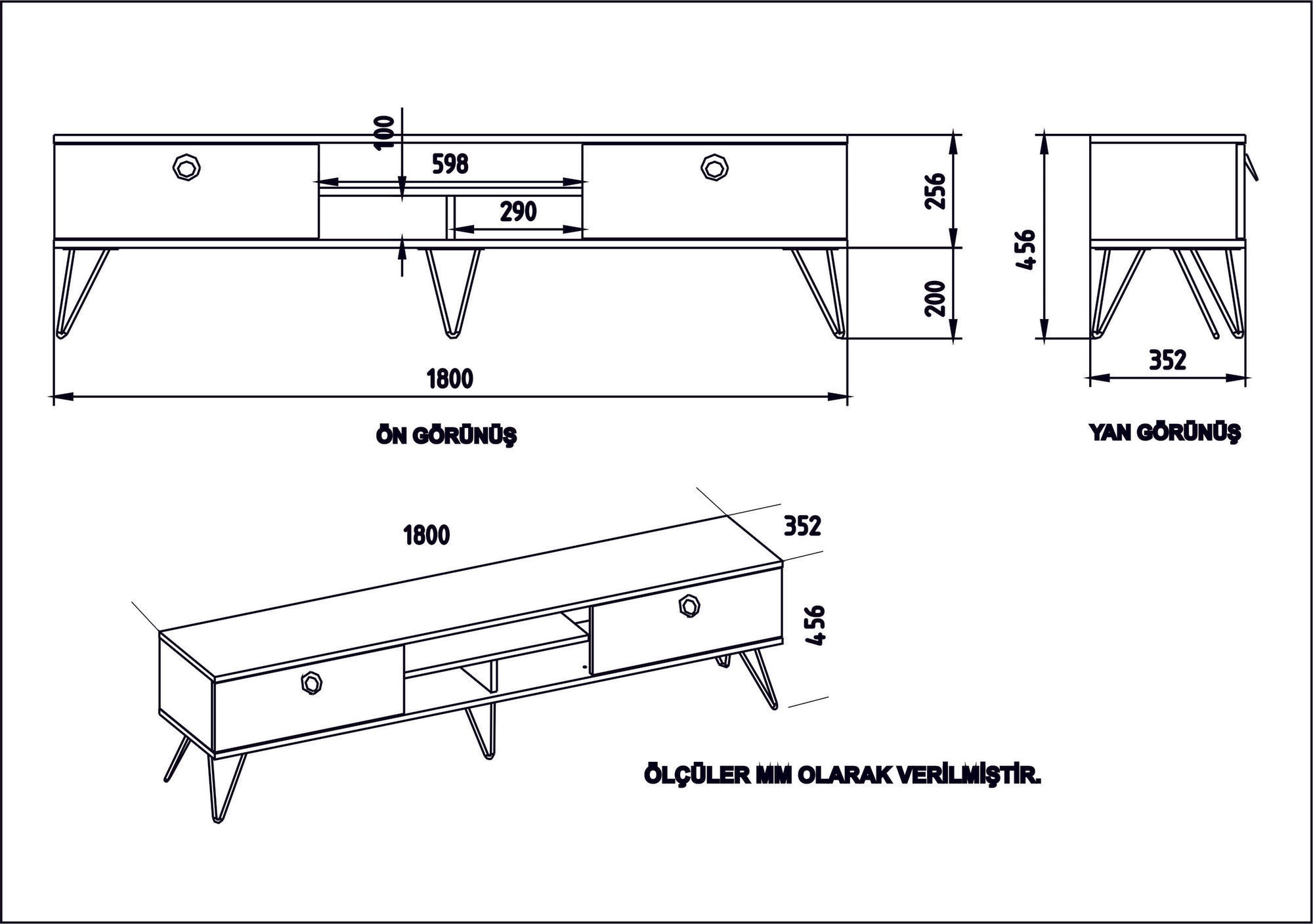 Meuble TV Ancon L180cm Bois foncé et Noir effet marbre