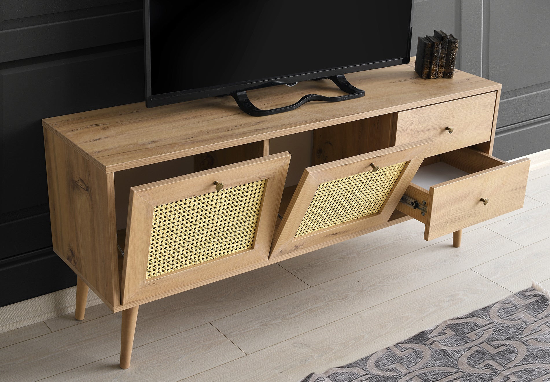 Meuble TV Aréa L140 cm Coton Mélaminé finition Chêne