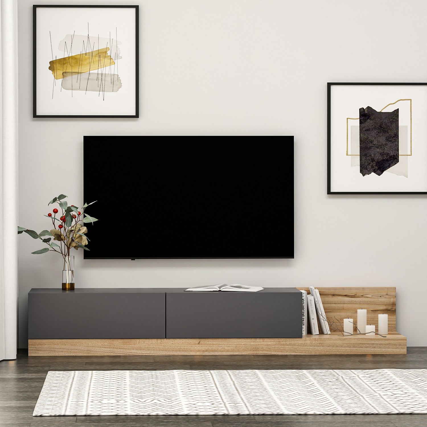 Meuble Tv Aucetha L180cm Bois clair et Anthracite