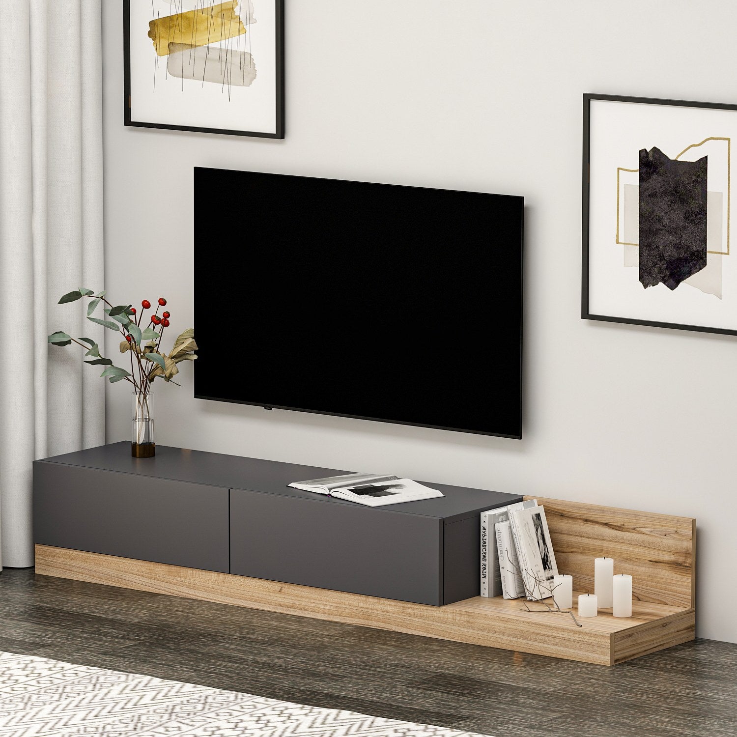 Meuble Tv Aucetha L180cm Bois clair et Anthracite