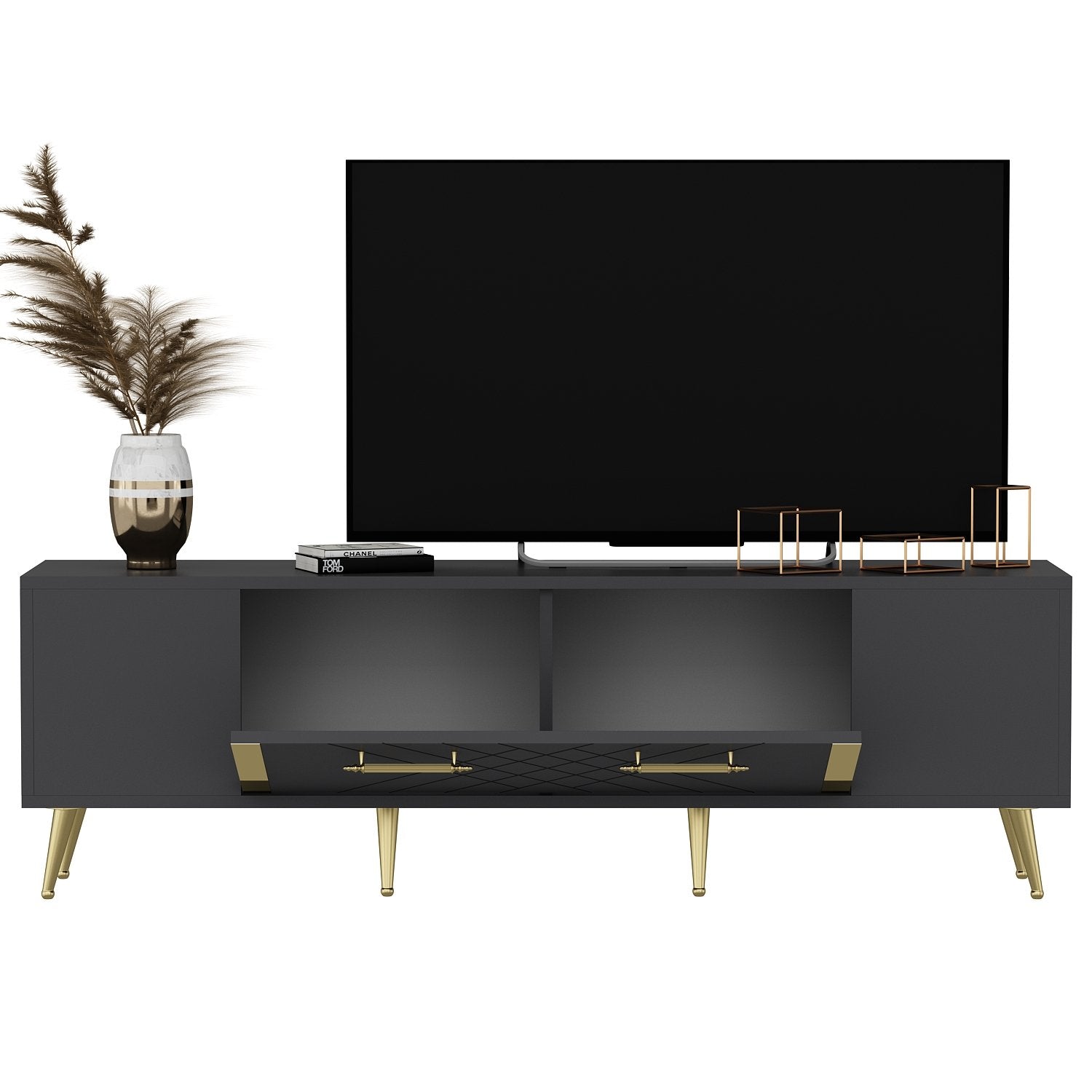 Meuble TV Bourgogne 150cm Anthracite et Or