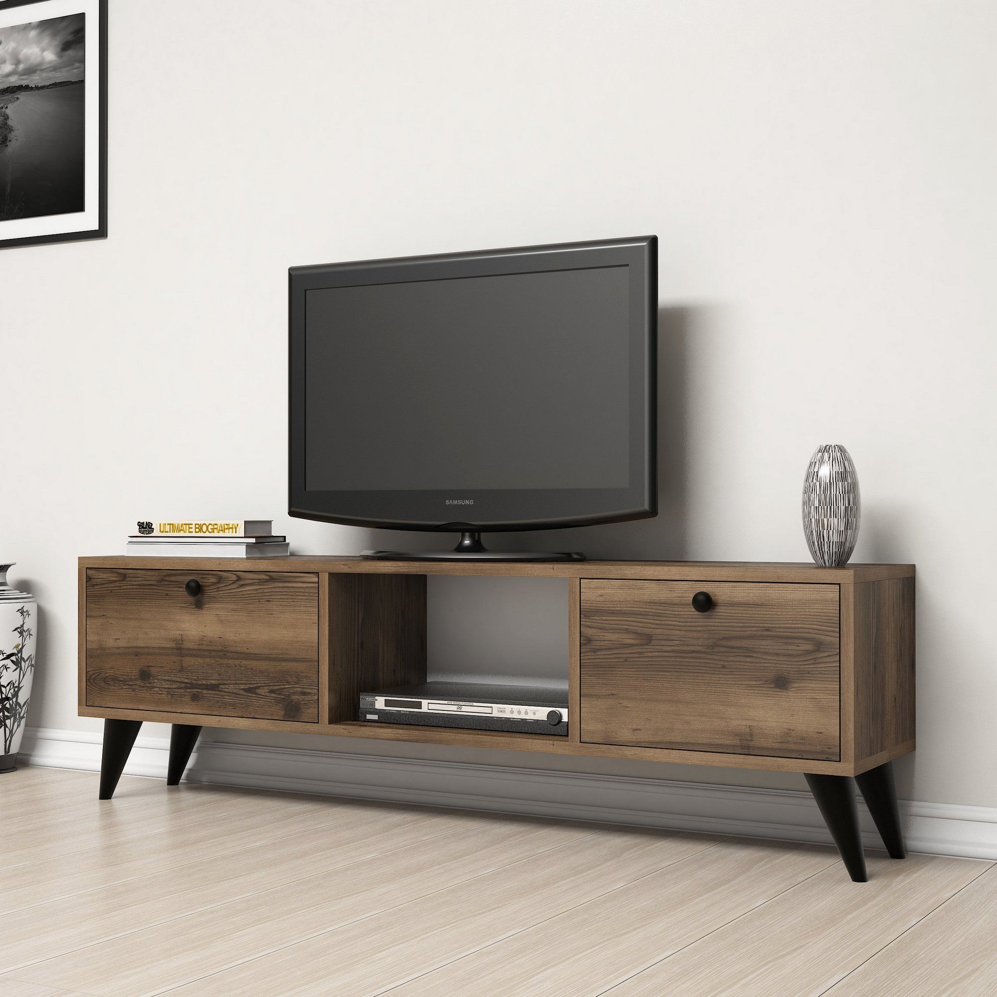 Meuble TV contemporain 138cm 2 portes Alitra Bois foncé