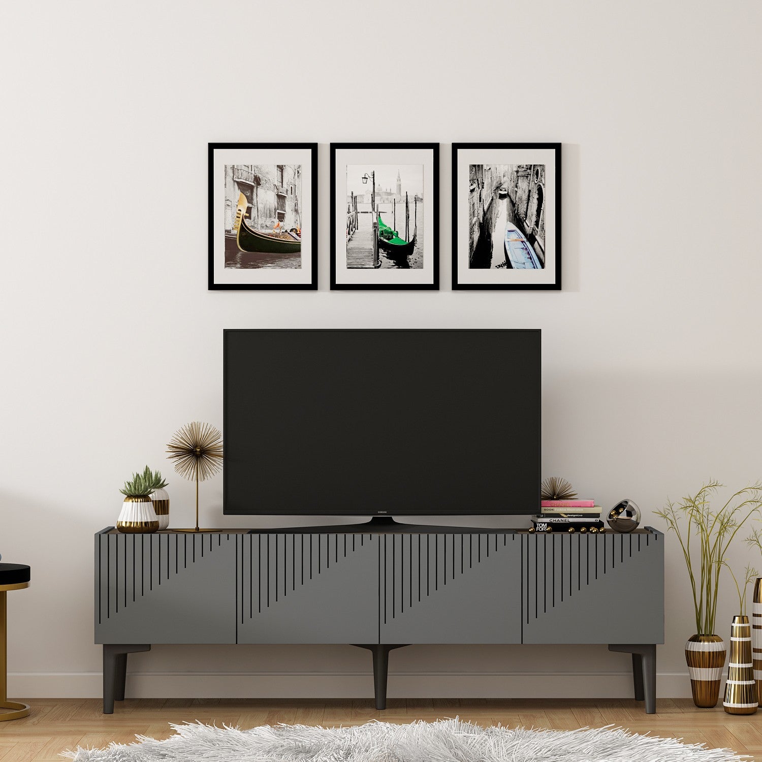 Meuble TV design 2 portes Outhos 150cm Gris et Noir