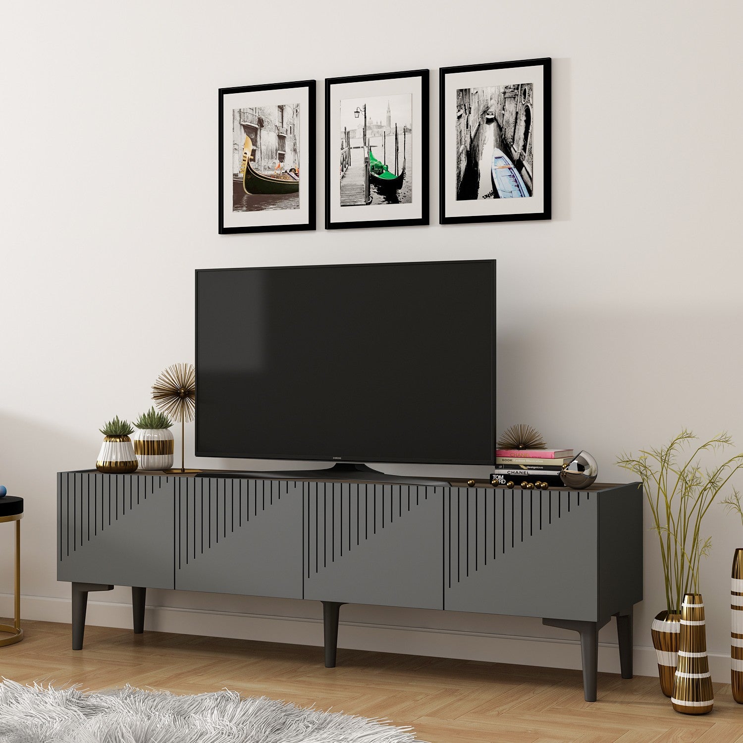 Meuble TV design 2 portes Outhos 150cm Gris et Noir