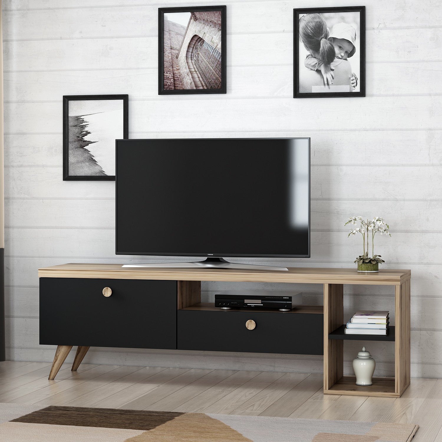 Meuble TV design Abidas L150cm Chêne clair et Noir