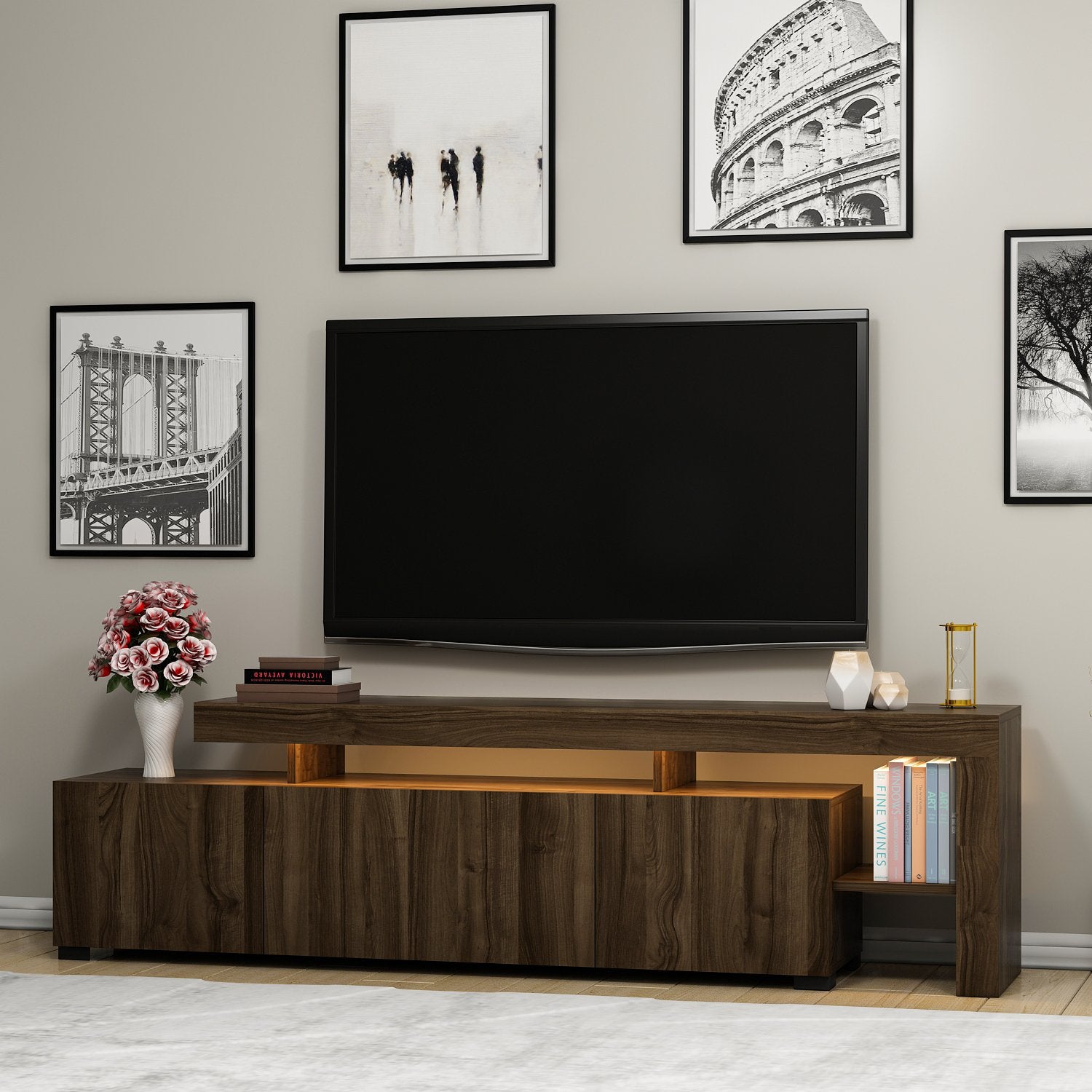 Meuble Tv design avec LED Jasir 192cm Bois foncé