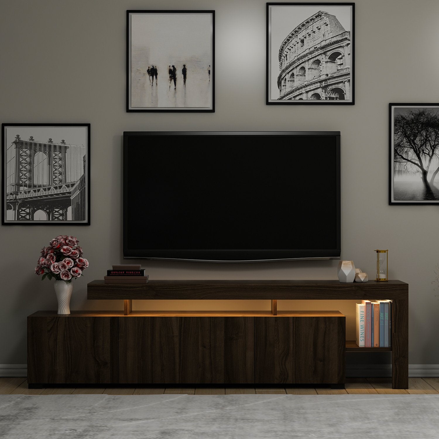 Meuble Tv design avec LED Jasir 192cm Bois foncé