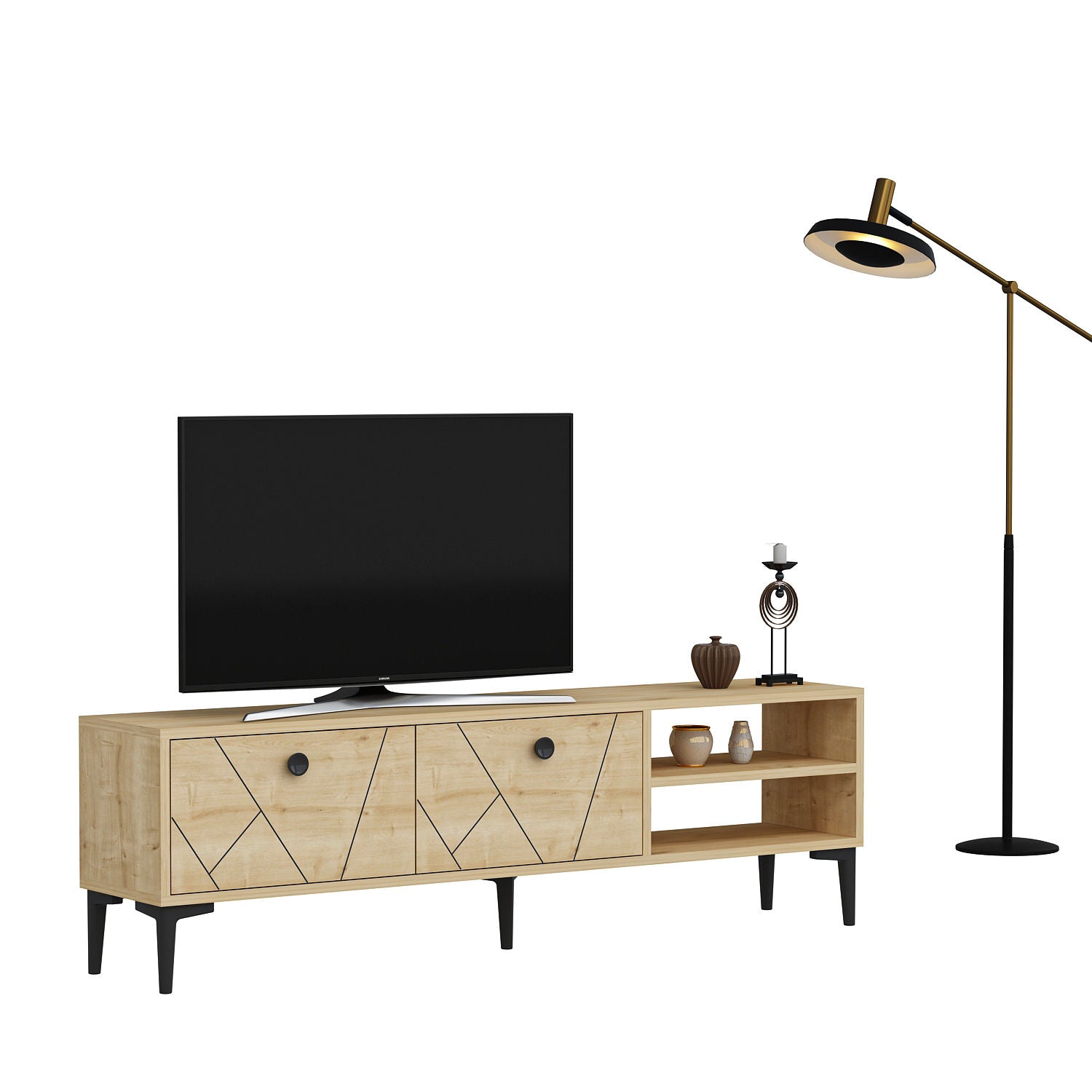 Meuble TV design géométrique moderne 150cm Paron Chêne clair