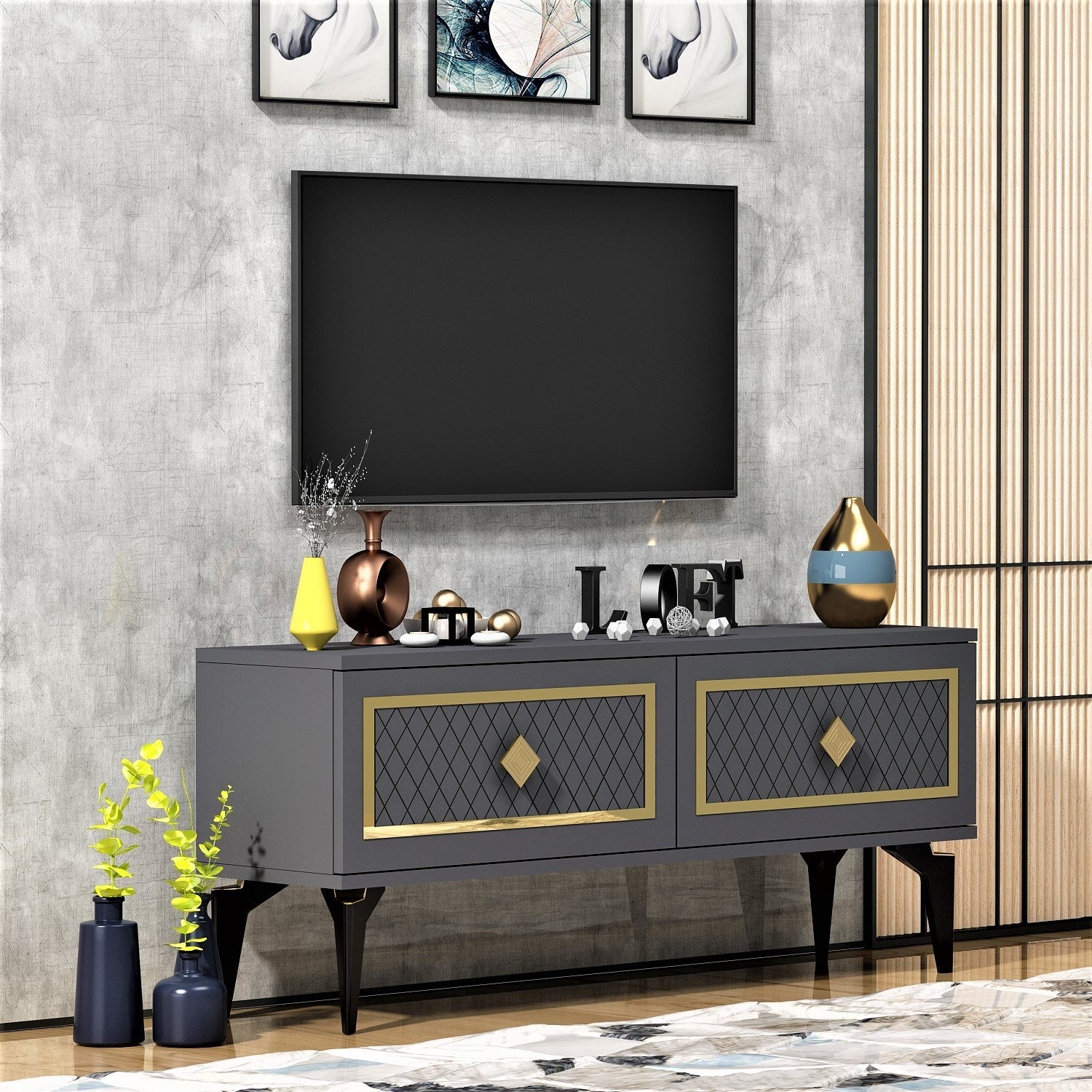 Meuble TV design Miri L120cm Anthracite et Motif Losanges Or