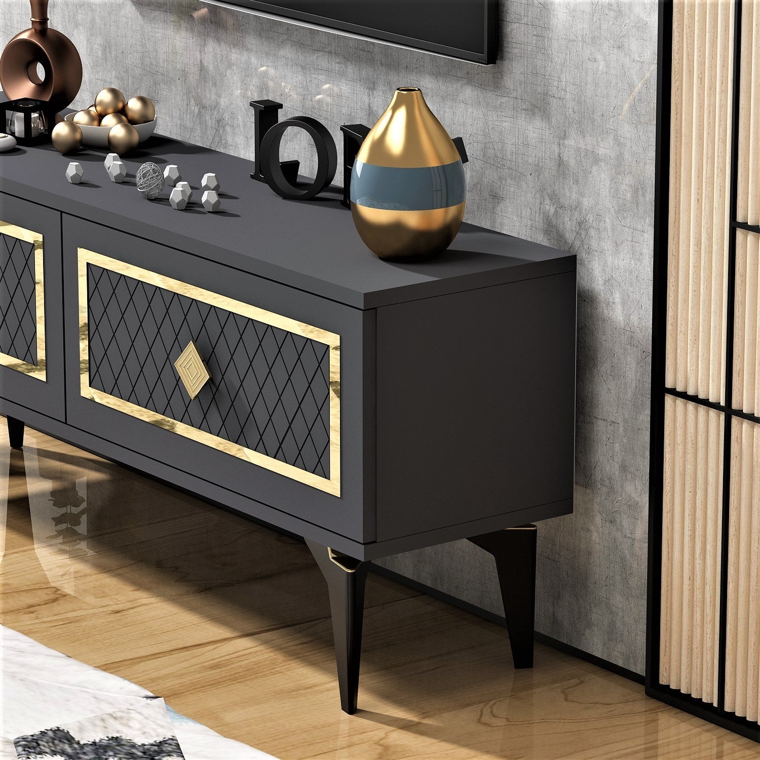 Meuble TV design Miri L120cm Anthracite et Motif Losanges Or