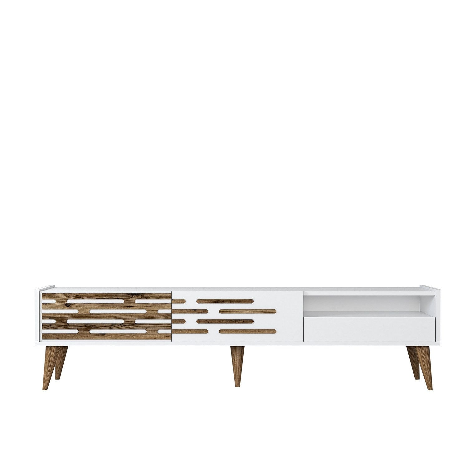 Meuble TV design Oviva L180cm Blanc et Bois foncé