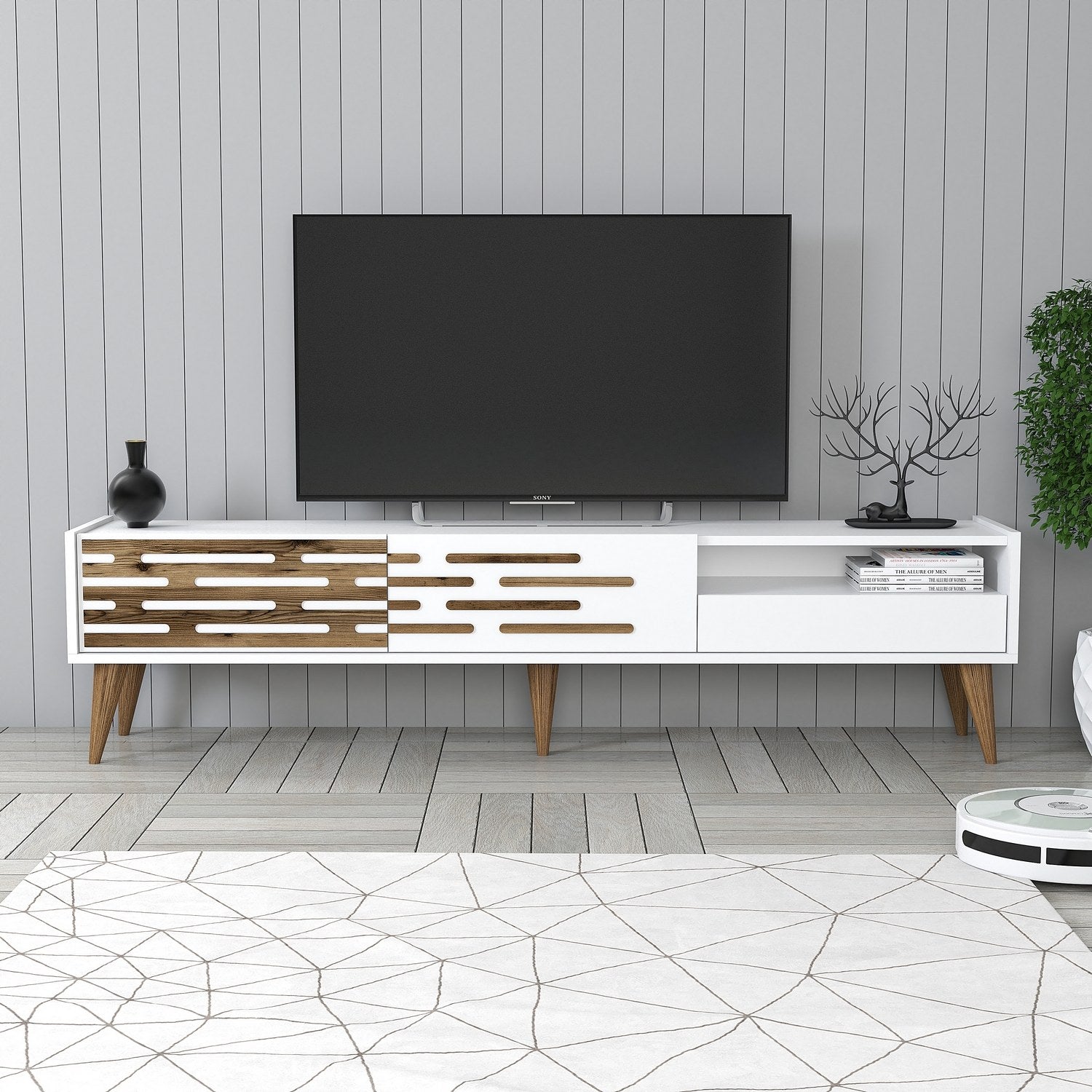 Meuble TV design Oviva L180cm Blanc et Bois foncé