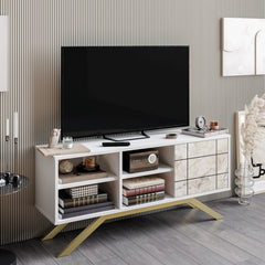 Meuble TV design Saxum 130cm Métal Or et Bois effet marbre et Blanc