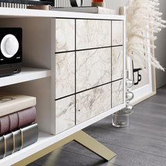 Meuble TV design Saxum 130cm Métal Or et Bois effet marbre et Blanc