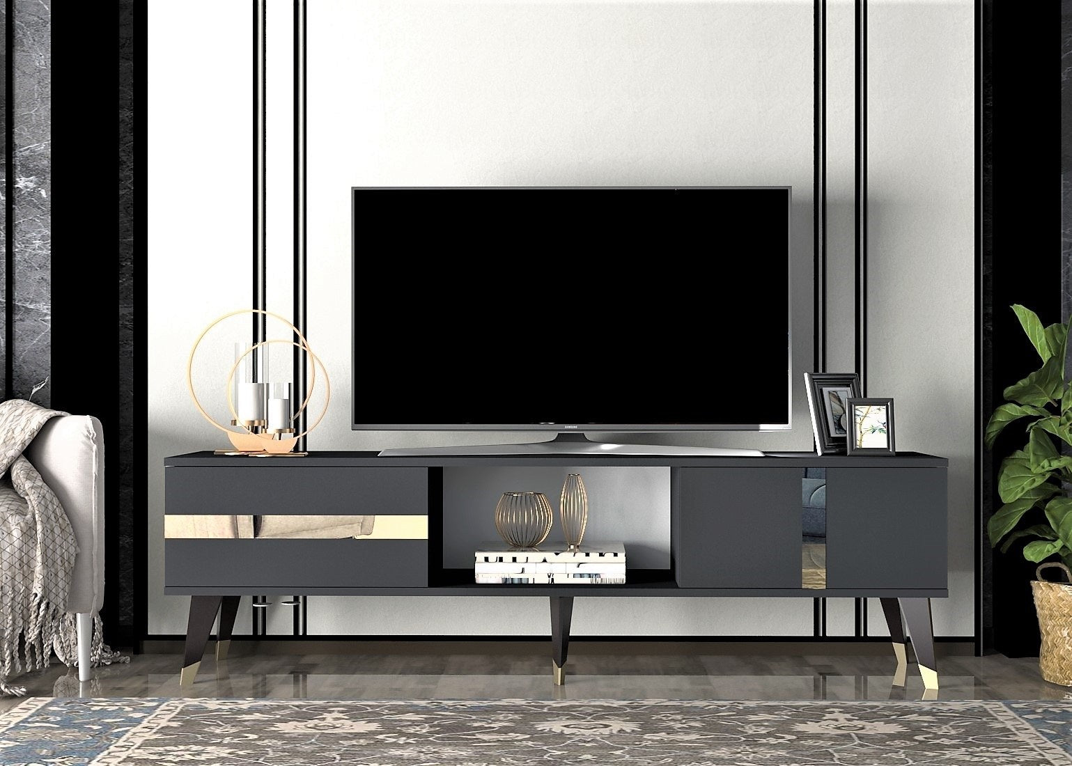 Meuble TV design Vanda L150cm Anthracite et Bond Or