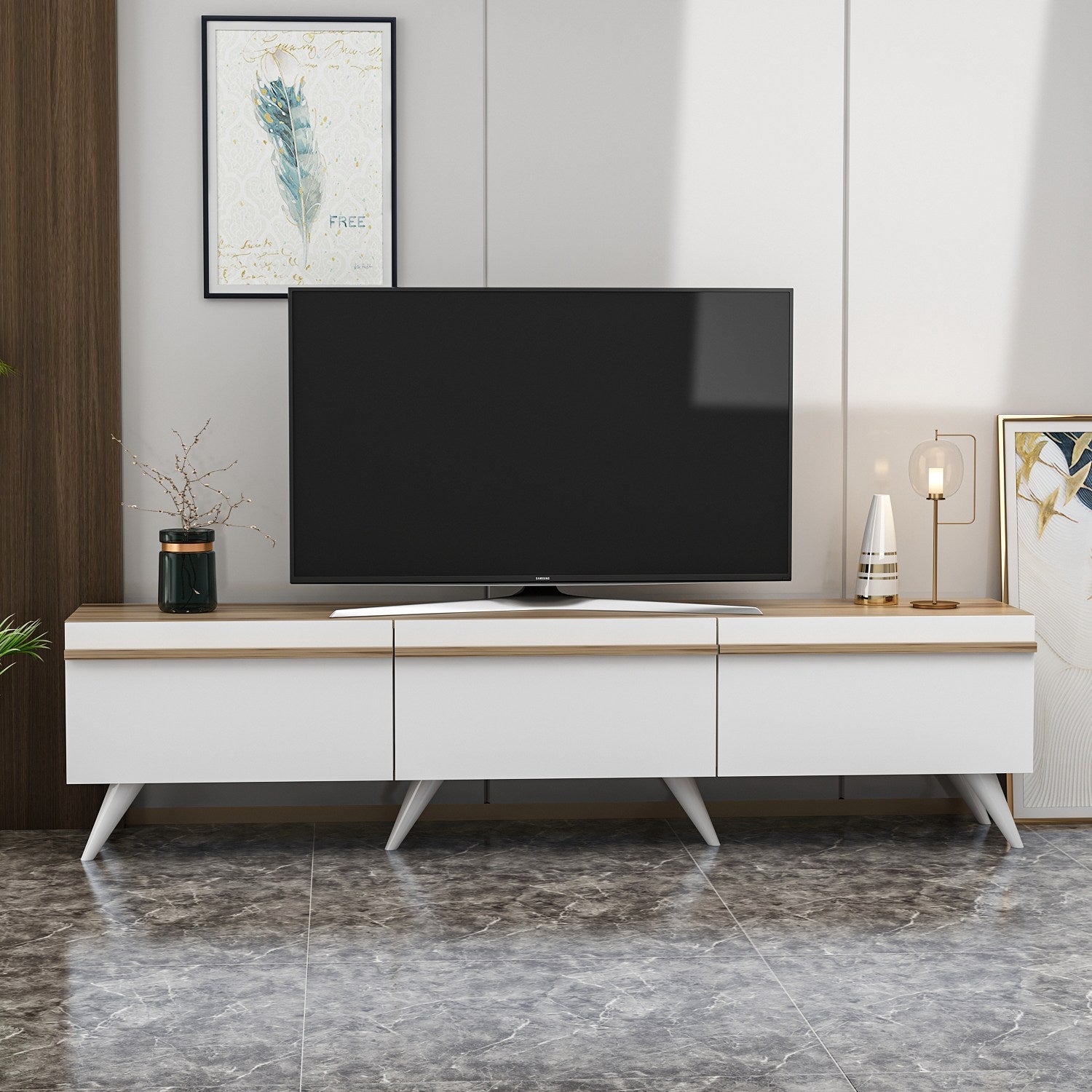 Meuble TV Druyes L180cm Blanc et Chêne clair