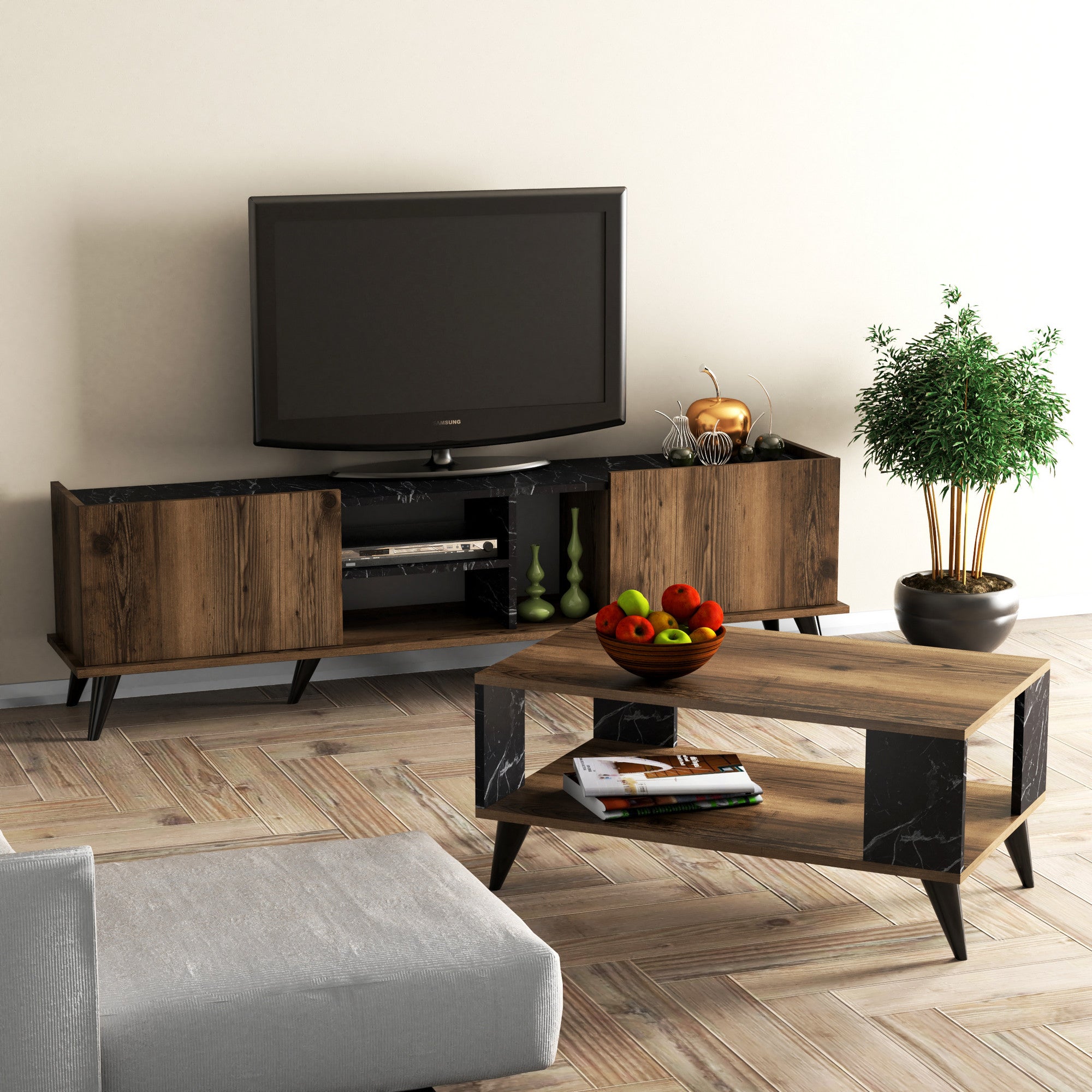 Meuble TV et table basse Hovela Bois Naturel et Effet Marbre Noir