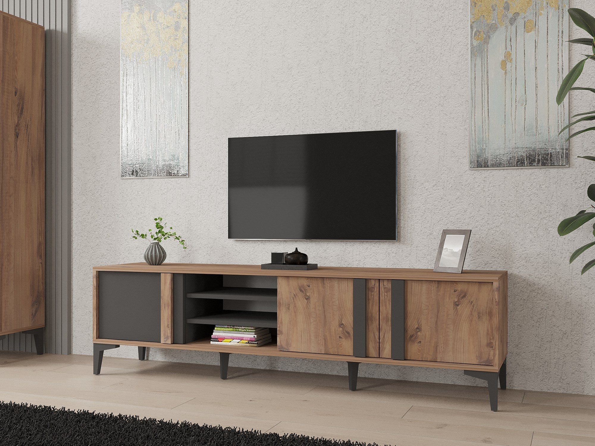 Meuble Tv Farfollo L180cm Bois foncé et Anthracite