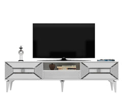 Meuble TV Kapa L150cm Blanc et Motif Géométrique Argent