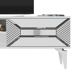 Meuble TV Kapa L150cm Blanc et Motif Géométrique Argent