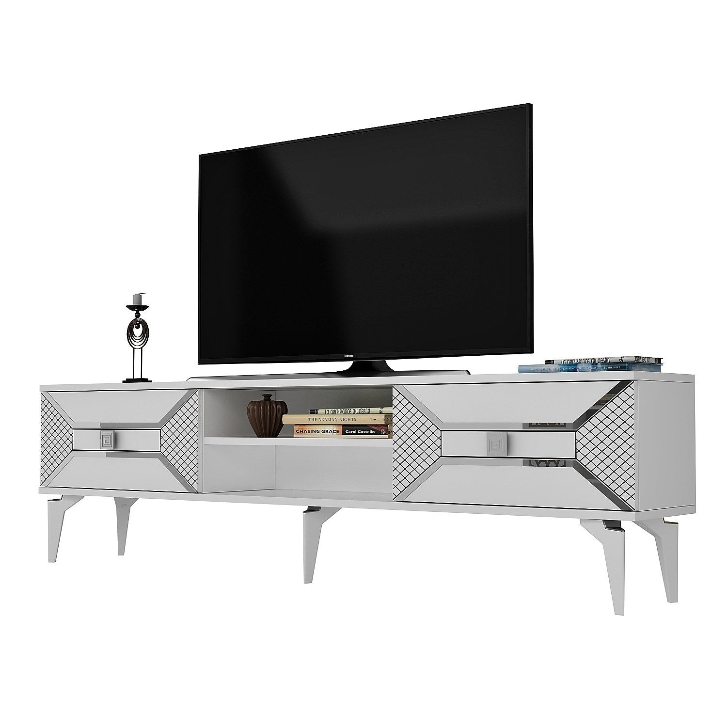 Meuble TV Kapa L150cm Blanc et Motif Géométrique Argent