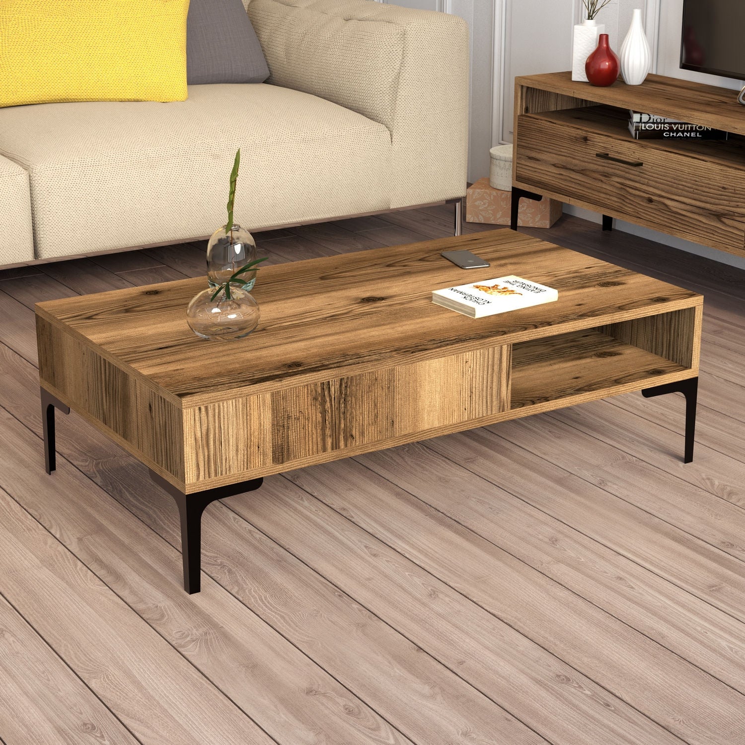 Meuble TV moderne 180cm avec table basse et étagère Varnus Bois