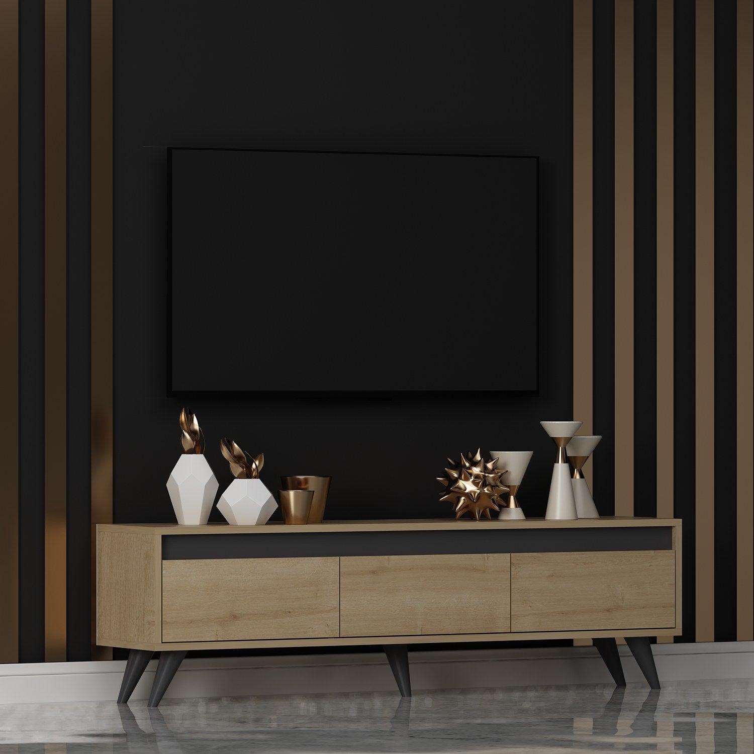 Meuble TV moderne Scorpii L150cm Chêne clair