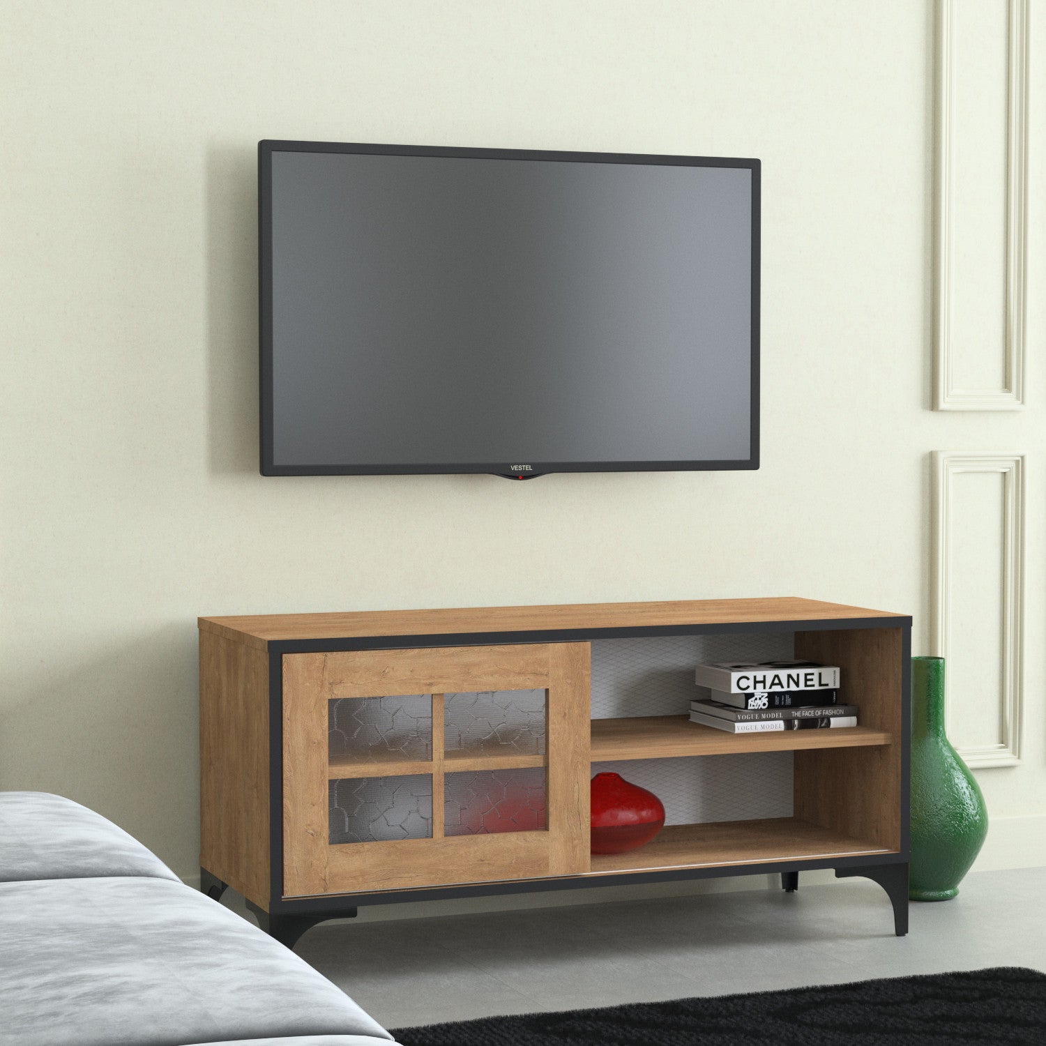 Meuble TV Nemorosa 100cm Bois Chêne et Métal Noir