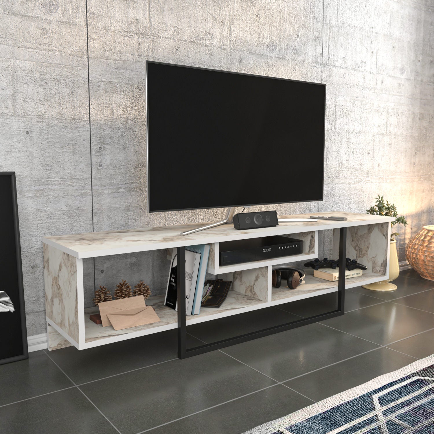 Meuble TV Nikolai 150cm Noir et Blanc Effet marbre