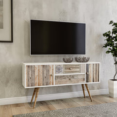 Meuble TV scandinave romantique portes et tiroirs 122cm Glifak Impressions Bois et moulures