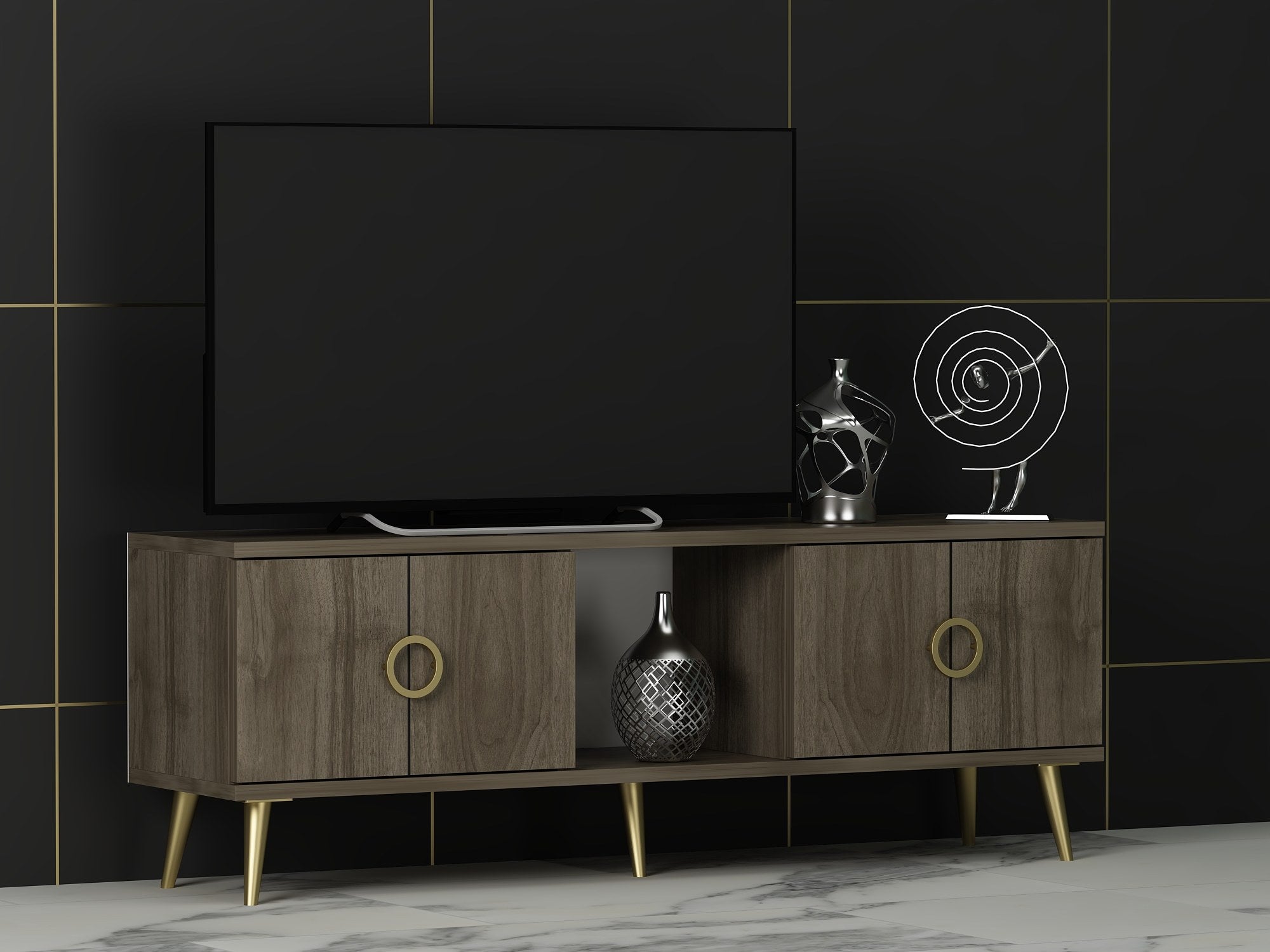 Meuble TV Shaula 120cm Bois foncé et Or