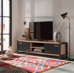 Meuble TV style industriel Senlid L180cm Métal Noir et Bois clair