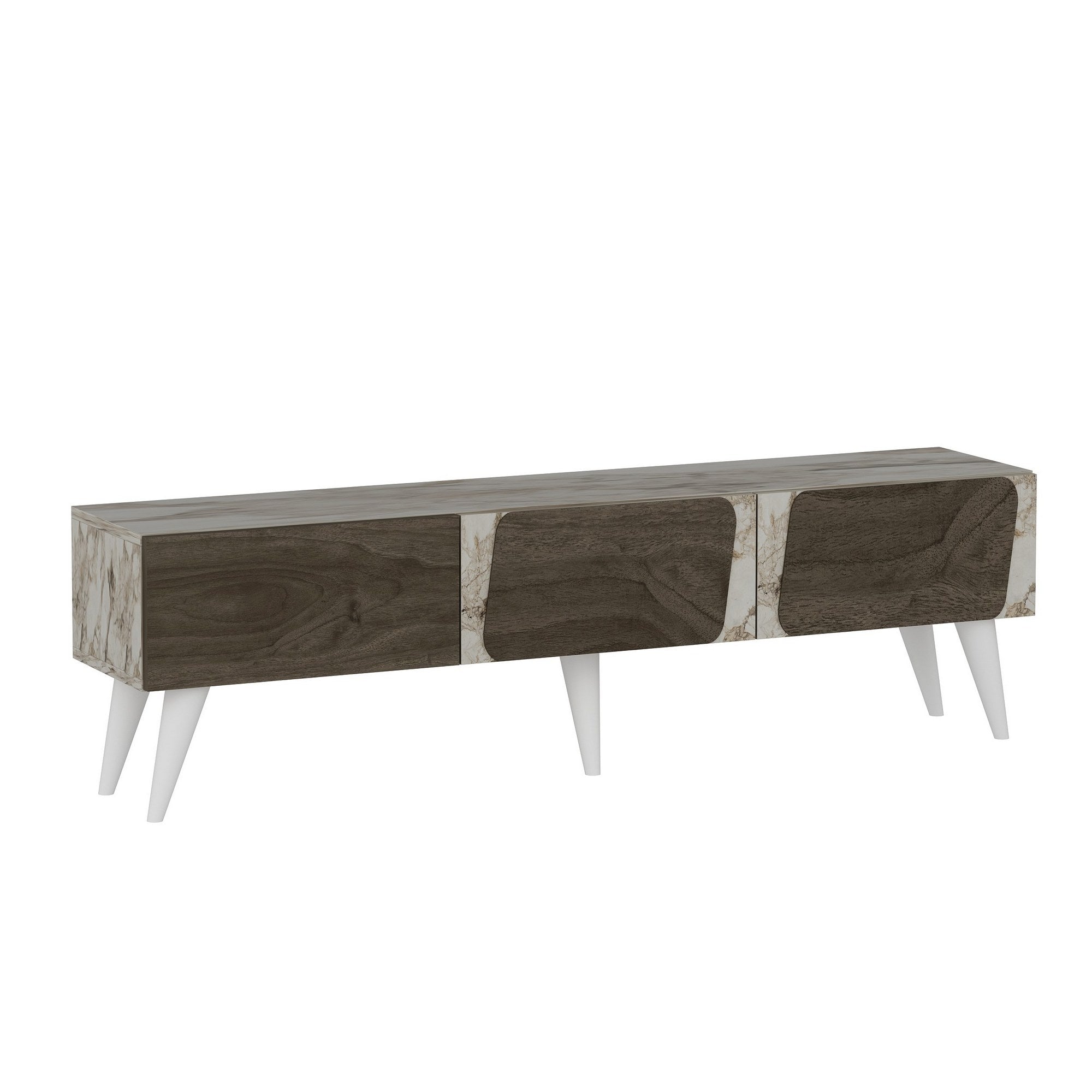 Meuble TV style scandinave Haldus 150cm Bois foncé et Effet marbre Blanc