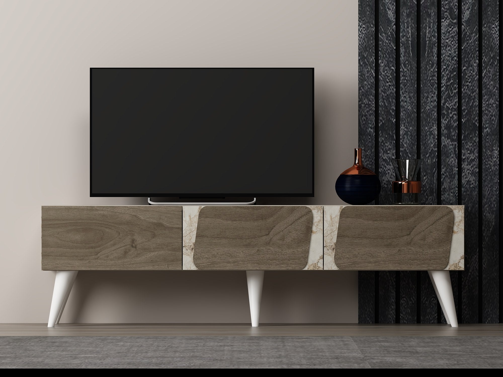 Meuble TV style scandinave Haldus 150cm Bois foncé et Effet marbre Blanc