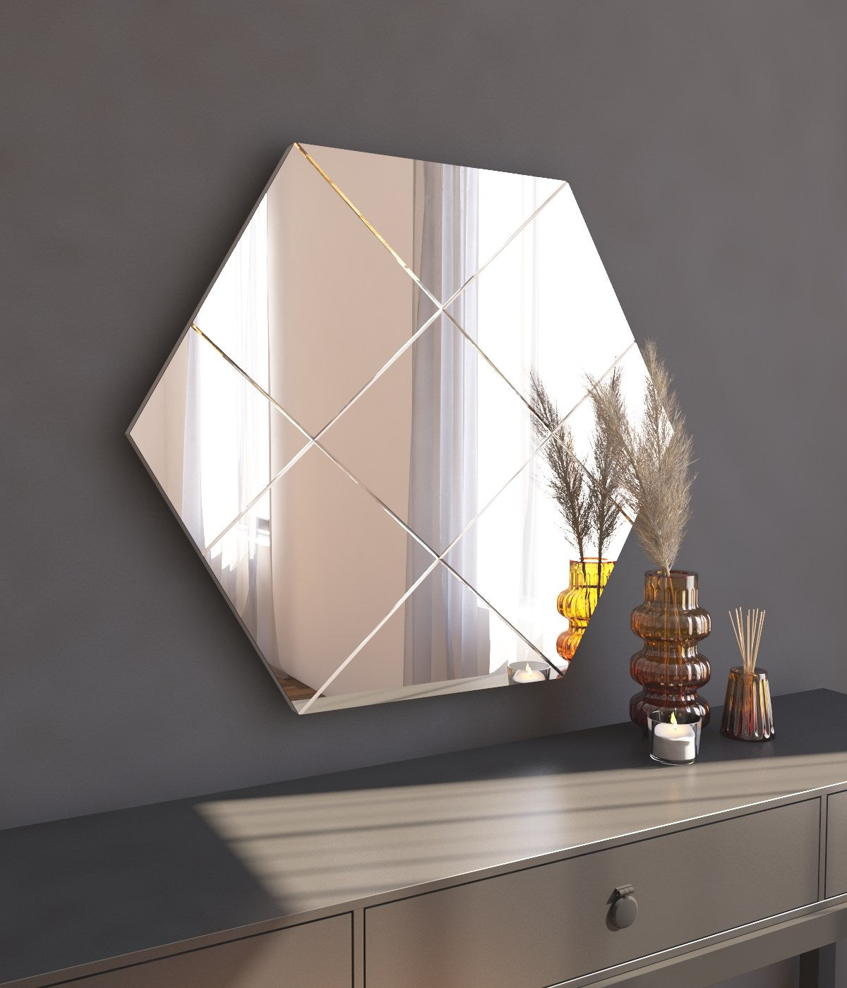 Miroir murale décoratif hexagone Vaelena 60x70cm Motif Géométrique