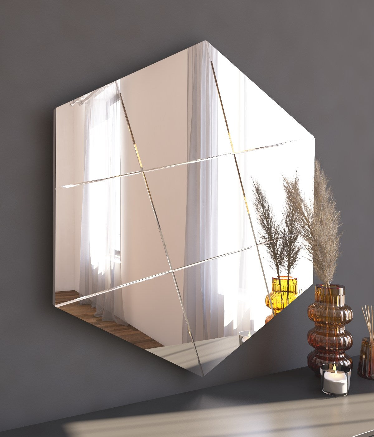 Miroir murale décoratif hexagone Vaelena 60x70cm Motif Géométrique