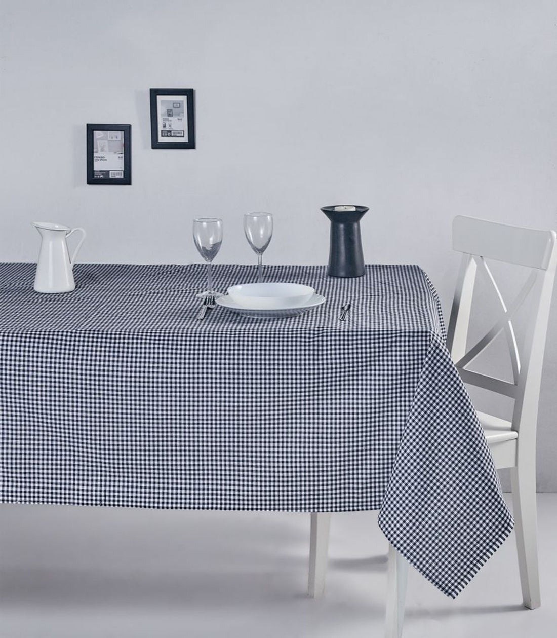 Nappe de table Bertier 170x170cm Coton Motif petite carreaux Noir et Blanc