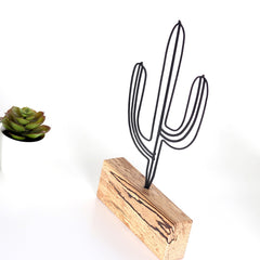 Objet décoratif à poser Approbatio mini cactus Saguaro H24 cm Métal Noir Socle Bois