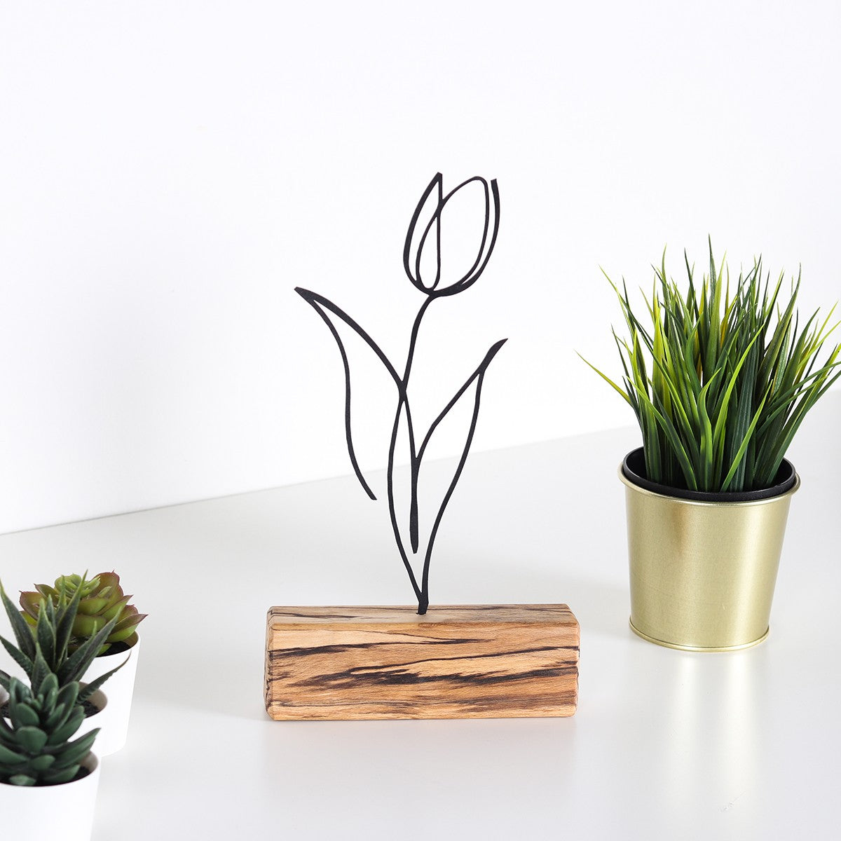 Objet décoratif à poser Zidas L17xH30cm Bois Naturel et Métal Fleur Noir