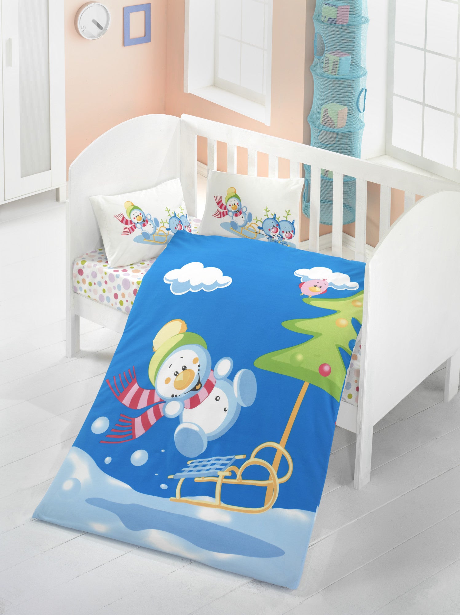 Parure de lit bébé 4 pièces Eget 100% Coton Renforcé Motif Bonhomme de neige Multicolore