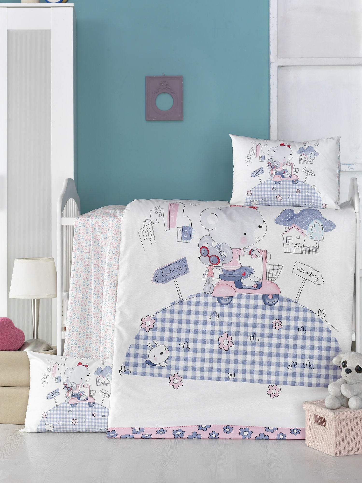 Parure de lit bébé 4 pièces Eget 100% Coton Renforcé Motif Ourson voyageur Multicolore