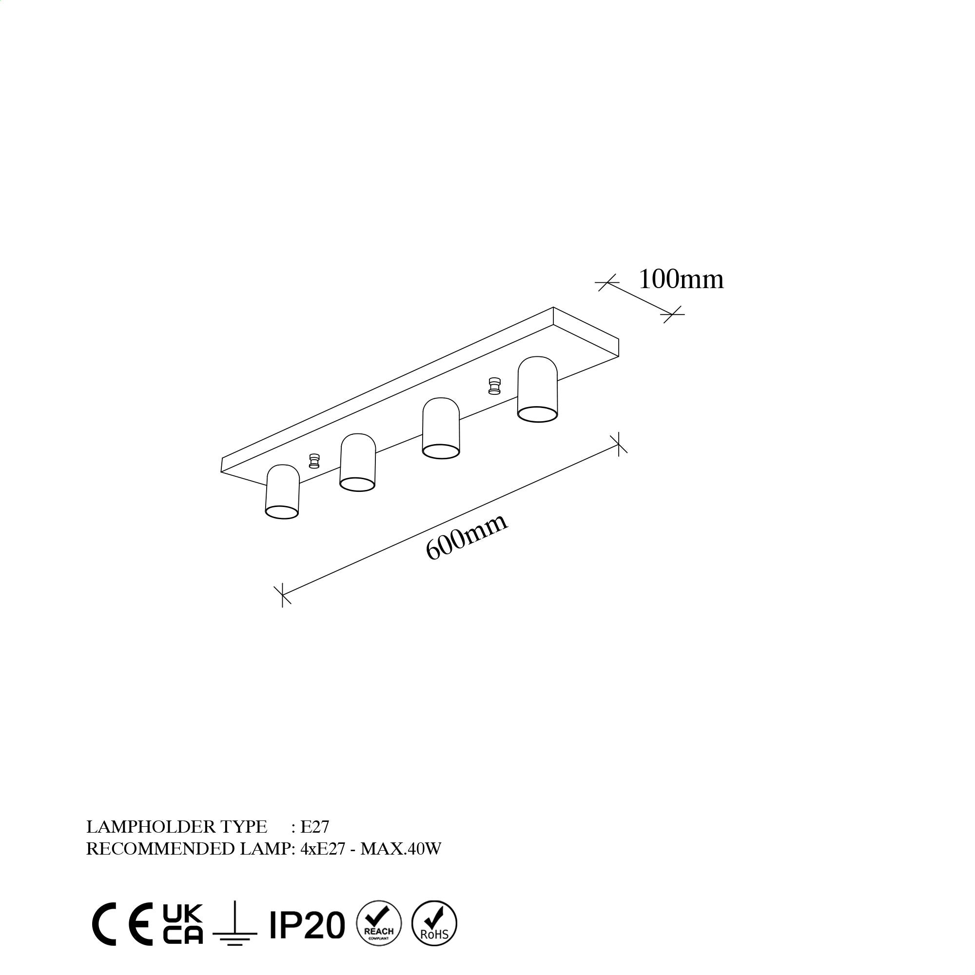 Plafonnier 4 lampes Vixige 60cm Métal Noir