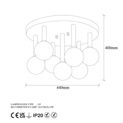 Plafonnier 7 lampes Mutu D44cm Métal Noir et Verre Blanc