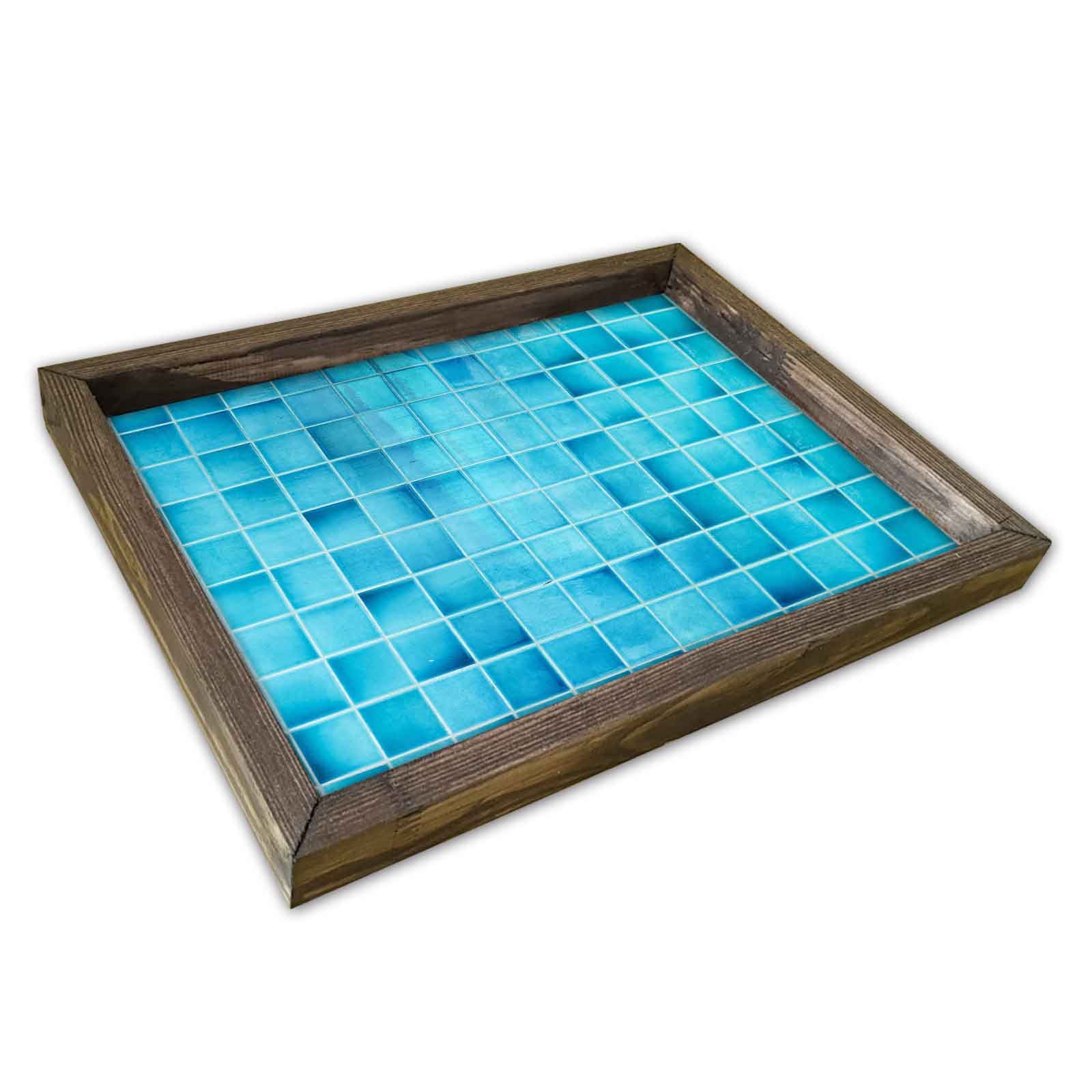 Plateau de table rectangle Caupona 30x40cm Pin massif foncé et Motif Carrelage Bleu