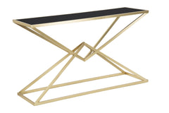 Console rectangulaire métal doré plateau verre trempé noir