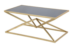 Table basse rectangulaire Piramid en métal doré et verre noir trempé