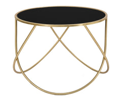 Table basse ronde en métal doré et verre noir