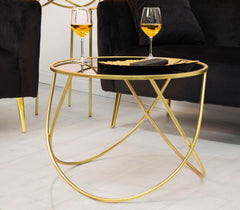 Table basse ronde en métal doré et verre noir